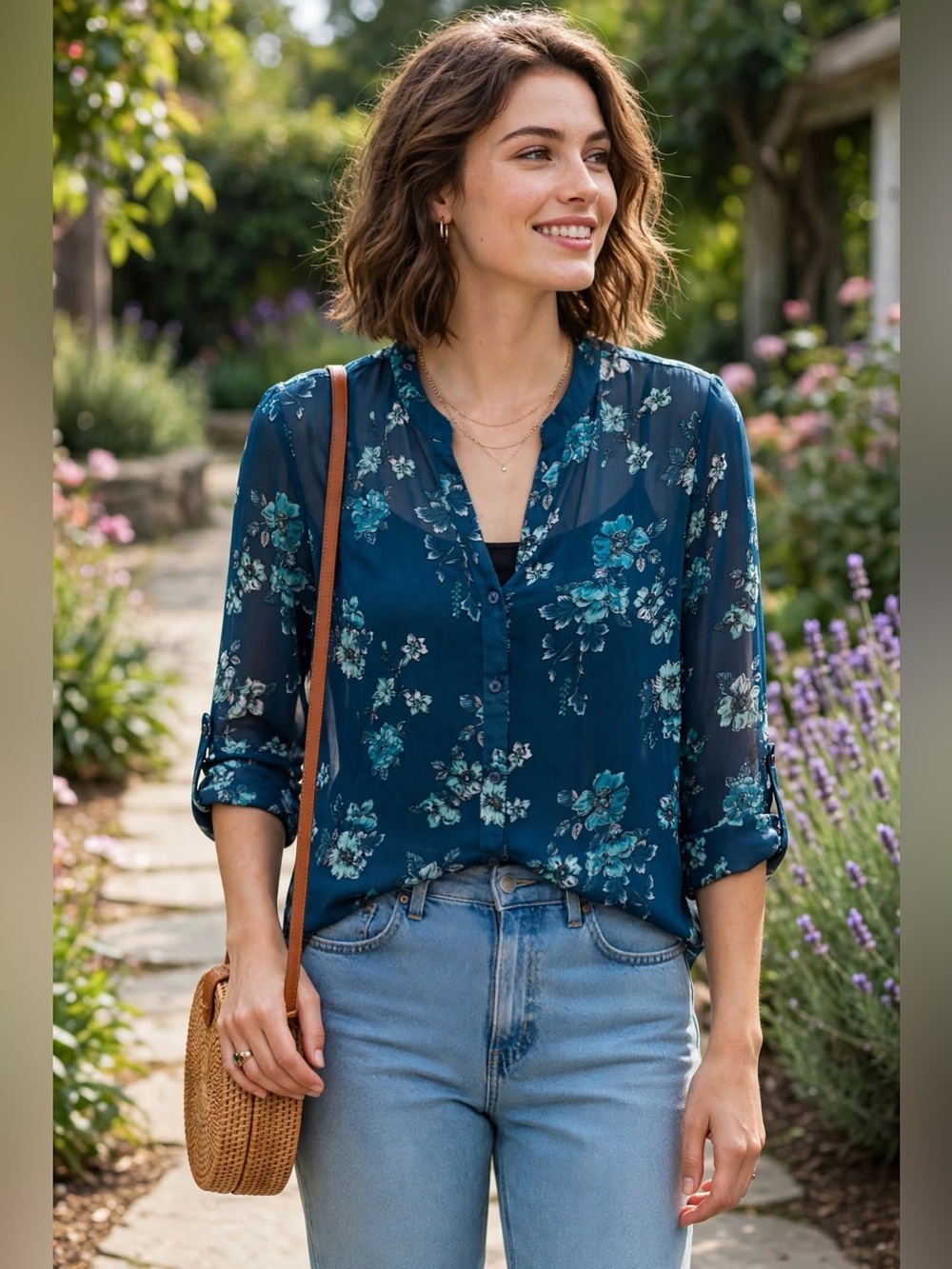Kut from the Kloth Medium Teal Blue Floral Button Front Roll Tab Blouse